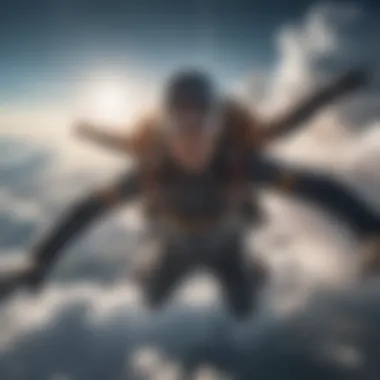 Aerial view of a daring skydiver soaring through the clouds