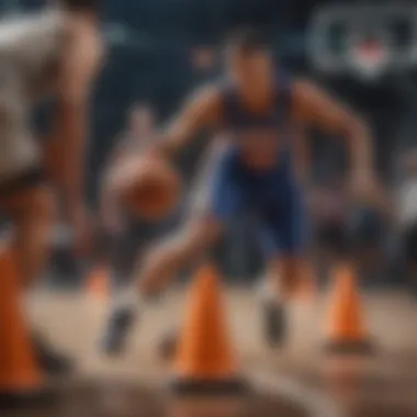 Basketball player dribbling through cones