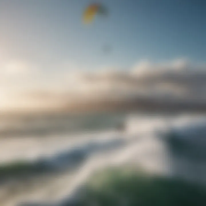 Aerial view of a kite surfer riding the waves