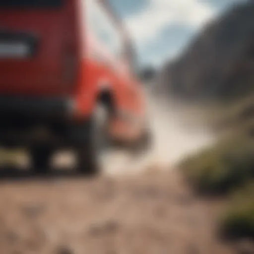 Dynamic red and white high top Vans kicking up dust on a rugged mountain trail