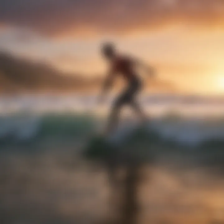 A picturesque sunset scene of surfers using battery-operated boards