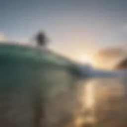 A captivating view of surfers riding waves at a pristine beach