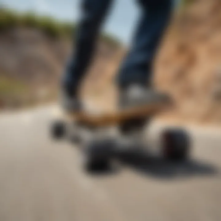 Longboard wheels in motion on a downhill slope