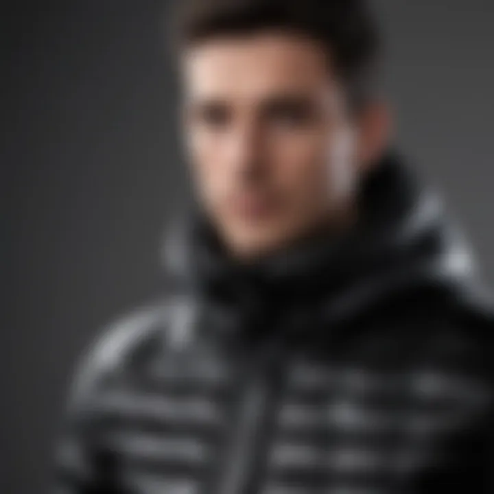 Stylish black and white puffer jacket displayed on a minimalist background