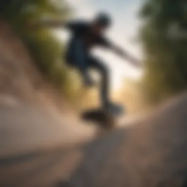 Skateboarder riding through a challenging terrain