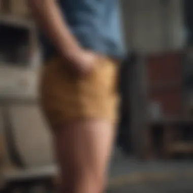 An outdoor scene highlighting the comfort features of Dickies high rise carpenter shorts