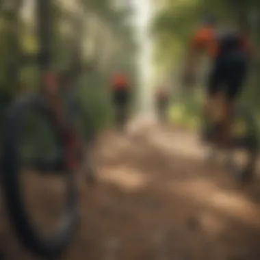 A group of cyclists navigating a challenging trail in Firewheel