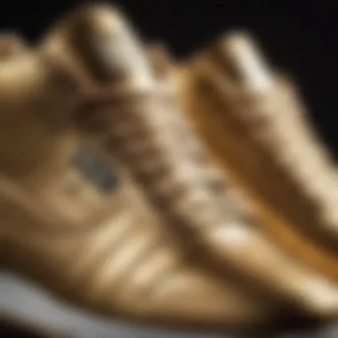 Close-up of gold Fila sneakers showcasing their distinct design elements and textures