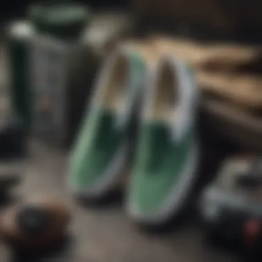 A collection of green and white slip-on Vans displayed with various lifestyle accessories.