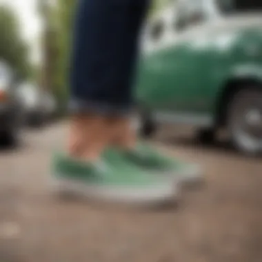 A vibrant outdoor setting highlighting green and white slip-on Vans paired with casual wear.