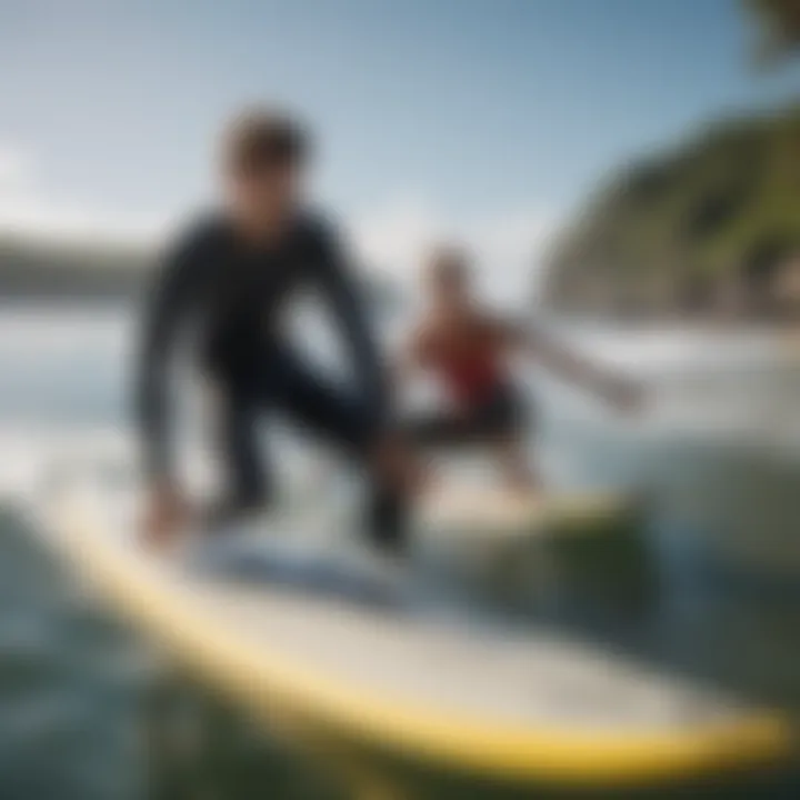 An instructor providing guidance to a learner on a surfboard.