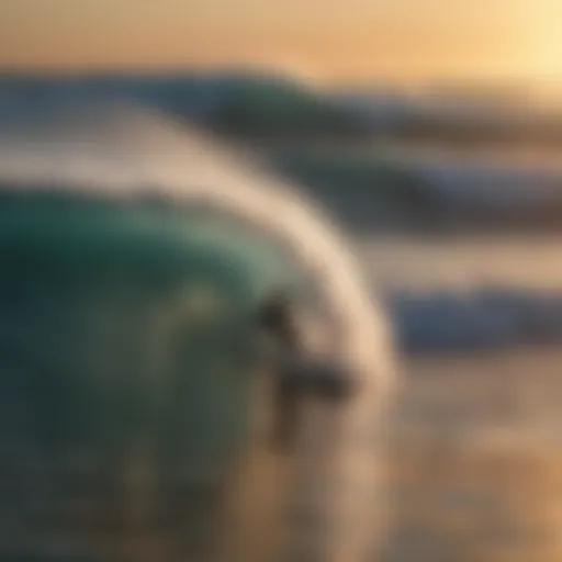 A picturesque scene of surfers catching waves at sunset.