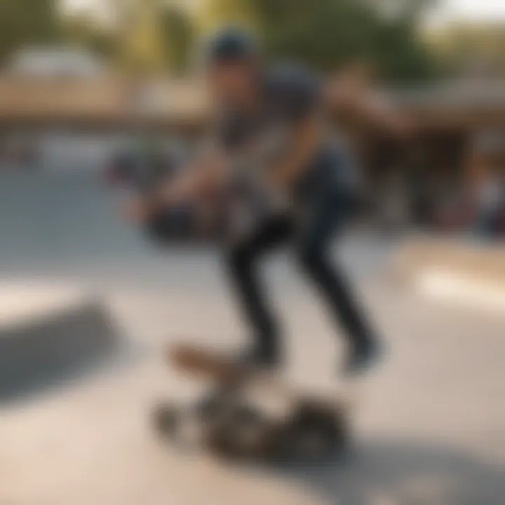 Action shot of a rider performing tricks on a mini cruiser deck in a skate park.