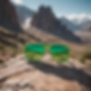 Vibrant neon green Oakley sunglasses against a backdrop of rugged mountains