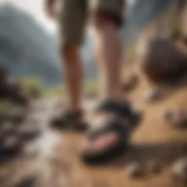 Athlete in Action: Reef Sandals on Rugged Terrain An athlete wearing Reef sandals while navigating rugged terrain.
