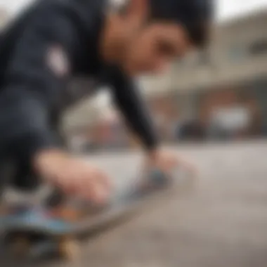 Close-up of a skater applying stickers to a skateboard deck, demonstrating personal expression.