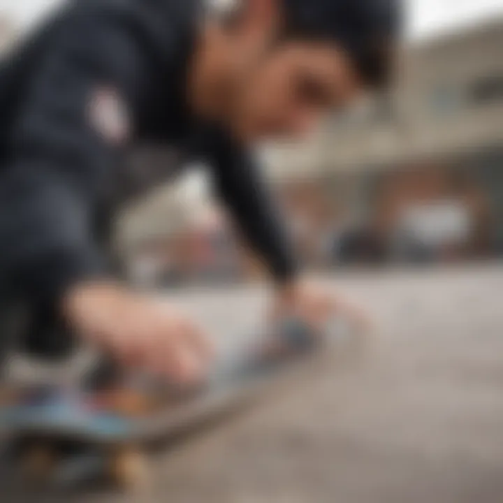 Close-up of a skater applying stickers to a skateboard deck, demonstrating personal expression.