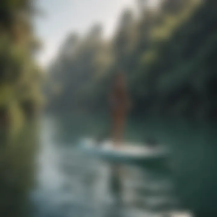 A serene water scene with a motorized paddle board in action