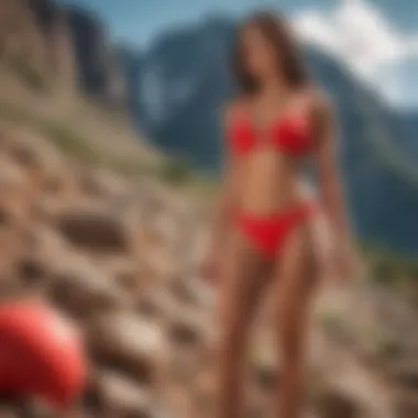 A vibrant red super high leg bikini bottom against a backdrop of mountainous terrain