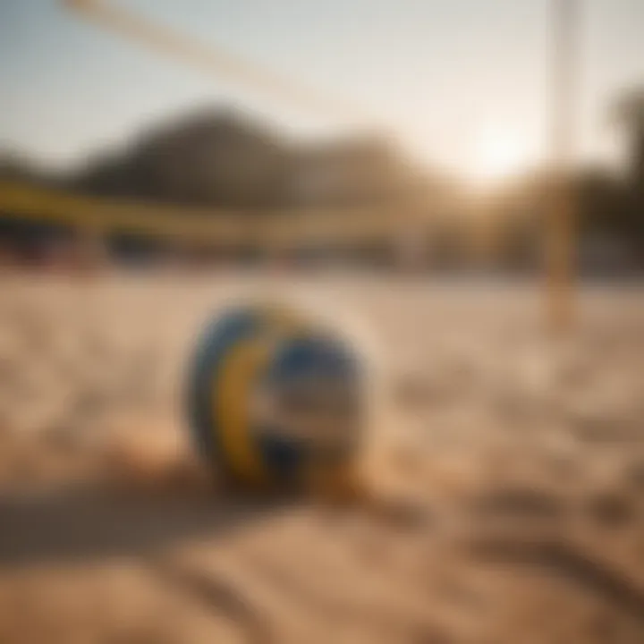 Dynamic action shot of a volleyball game on sand court