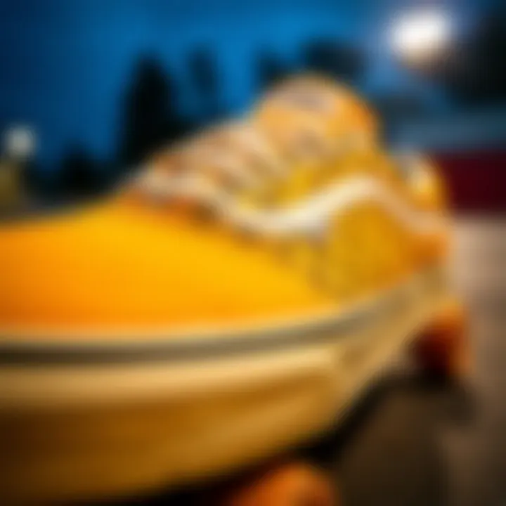 Close-up of yellow checkerboard Vans on a skateboard