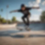 Dynamic skateboarder performing a trick at a vibrant skatepark