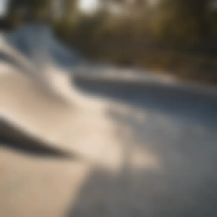 Close-up of unique skatepark architecture showcasing ramps and bowls