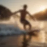 A dynamic skim boarder catching waves at sunset