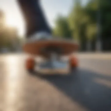 Close-up of a skateboard showing wear from falls