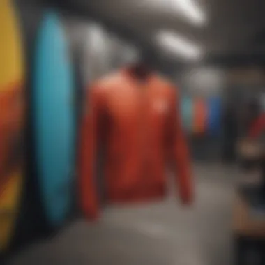 Showcase of Designer Surf Wear A vibrant collection of designer surf wear hanging on display