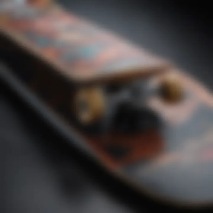 Close-up of a skateboard deck with unique graphics representing Lakai