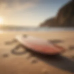 A vintage surfboard displayed against a sandy beach backdrop