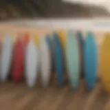 A vibrant array of surfboards displayed on a beach