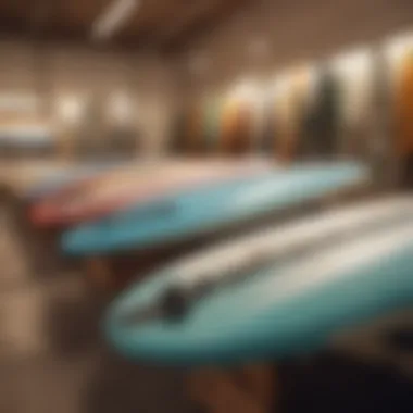 Surfboards lined up with price tags at a store