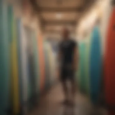 A surfer choosing a surfboard in a shop