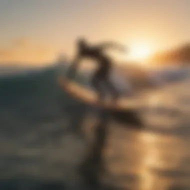 Surfers enjoying a vibrant sunset while riding the waves.