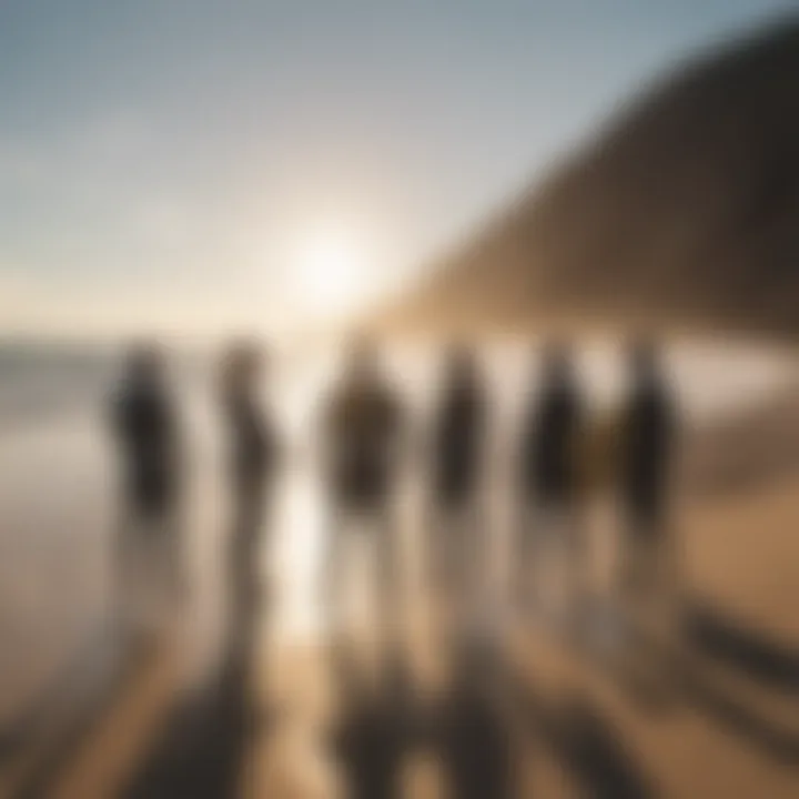 A group of surfers discussing techniques on the beach.