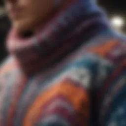 A close-up view of a snowboard sweater showcasing unique knitting patterns and vibrant colors.