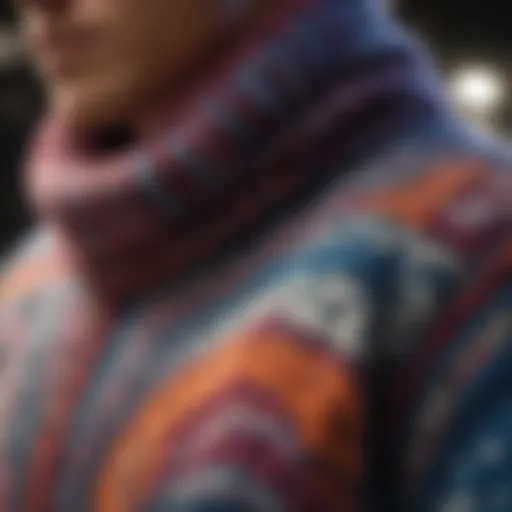 A close-up view of a snowboard sweater showcasing unique knitting patterns and vibrant colors.