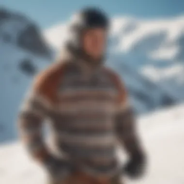 A snowboarder wearing a stylish sweater on a snowy mountain backdrop, exhibiting both comfort and performance.