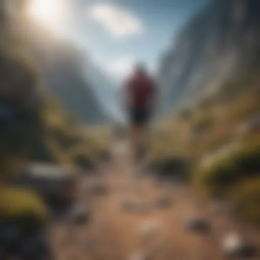 A scenic view of a mountain trail with a runner and hiker enjoying their activities.