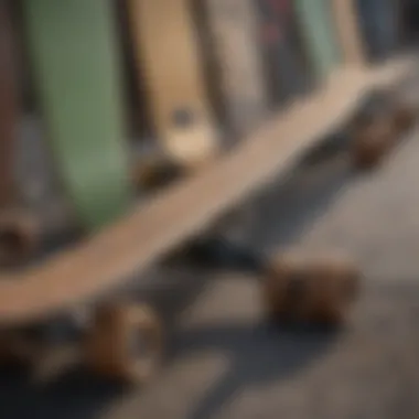 Group of various cruiser skateboards lined up side by side