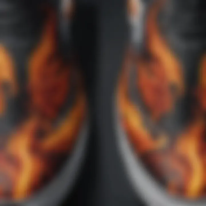 Close-up of the detailed stitching on Vans with flame motifs