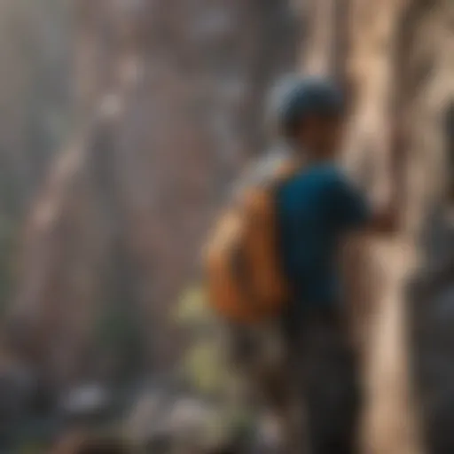 An athlete using a chest pack bag during a rock climbing expedition