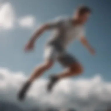 Athlete soaring through the sky wearing grey sweatshorts