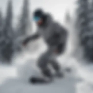 Snowboarder carving through fresh powder in grey sweatshorts