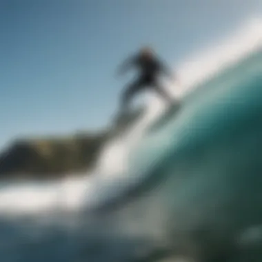 A scenic surf spot with a skater performing a trick, epitomizing the blend of surfing and skating cultures.