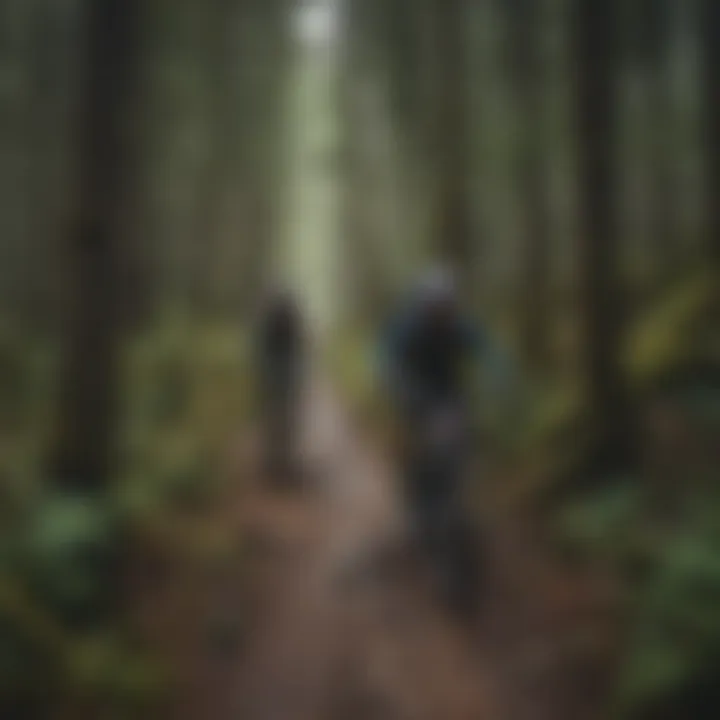 Bikers navigating through dense forest paths