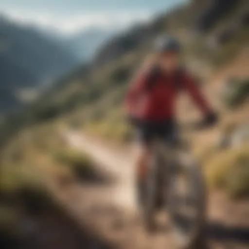 A dynamic trail scene showcasing a female athlete navigating a rugged mountain path.