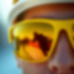 Close-up of yellow sunglasses with UV protection features